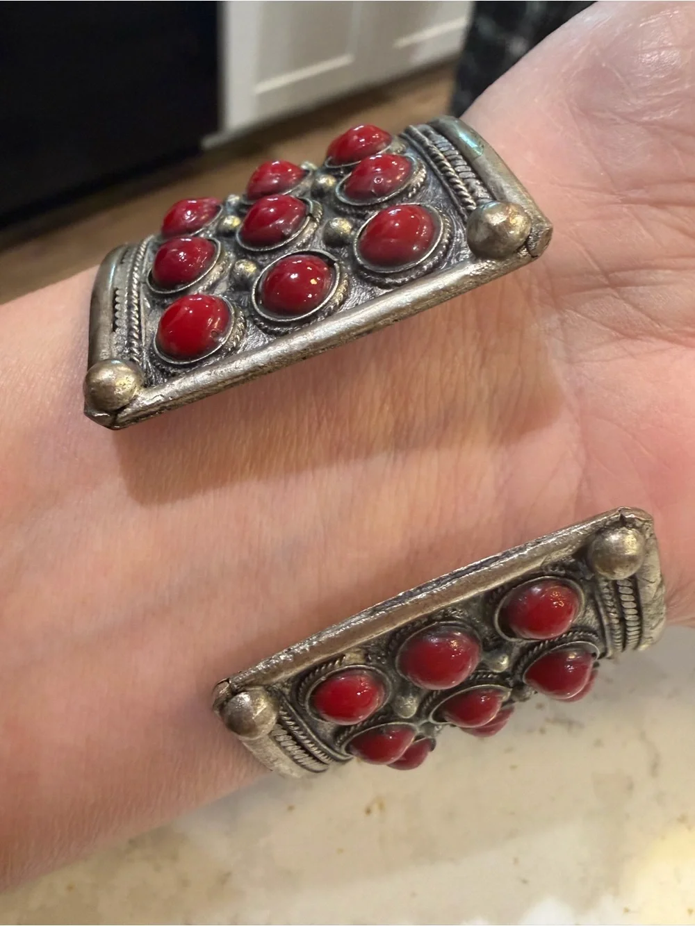 Vintage Ornate Alpaca Statement Cuff Bracelet Red Cabochon Stones